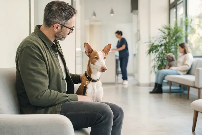 Ein Podenco Andaluz sitzt ruhig neben seinem Besitzer im hellen Wartezimmer einer modernen Tierarztpraxis.